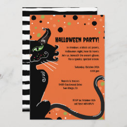 Black Cat Halloween-Party Spooky Whimsical Orange Einladung