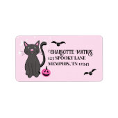 Black Cat Halloween Pink Pumpkin Bats Girl Adressaufkleber (Vorne)