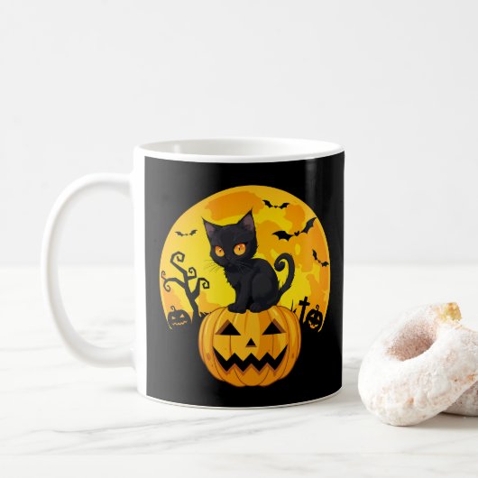 Black Cat Halloween Pumpkin Kaffeetasse (Mit Donut)