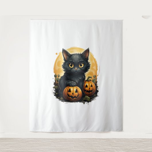 Black Cat Halloween Pumpkin - Katze Wandteppich (Vorderseite)