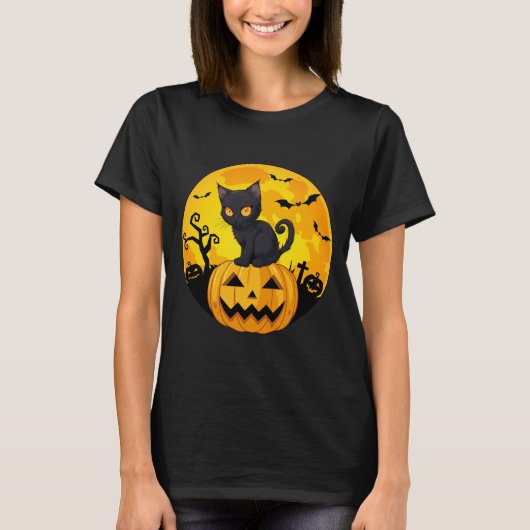 Black Cat Halloween Pumpkin T-Shirt (Vorderseite)
