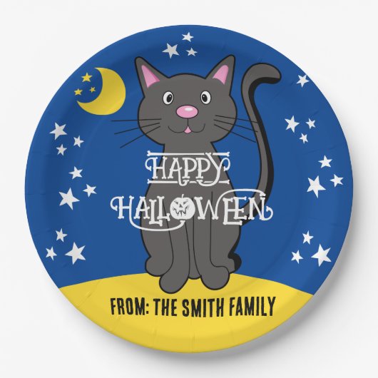 Black Cat Halloween Stars Moon Niedlich Kids Pappteller (Vorderseite)