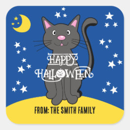 Black Cat Halloween Stars Moon Niedlich Kids Quadratischer Aufkleber