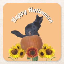  Black Cat Halloween Sunflowers Pumpkins Orange  Rechteckiger Pappuntersetzer
