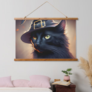 Black Cat Halloween Wandteppich Mit Holzrahmen