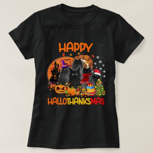 Black Cat Happy Hallothanksmas Halloween Thanksgiv T-Shirt (Design vorne)