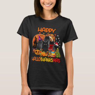 Black Cat Happy Hallothanksmas Halloween Thanksgiv T-Shirt