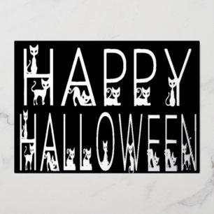 Black Cat "Happy Halloween" Typografie-Design Folieneinladung