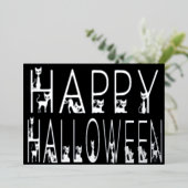 Black Cat "Happy Halloween" Typografie-Design Folieneinladung (Stehend vorne)