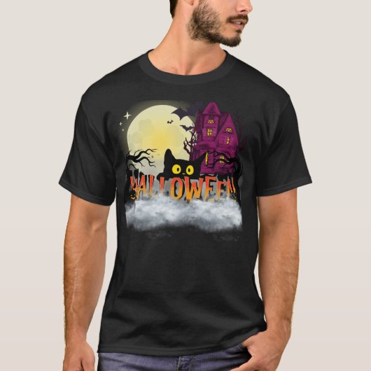Black Cat & Haunted House – Halloween Night Design T-Shirt (Vorderseite)