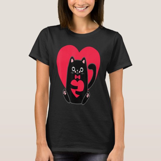 Black Cat Heart Valentines Day Cute Kitten Kitty L T-Shirt (Vorderseite)