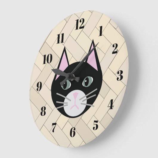 Black Cat Herringbone Beige Große Wanduhr (Winkel)