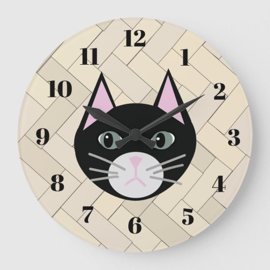 Black Cat Herringbone Beige Große Wanduhr (Vorderseite)