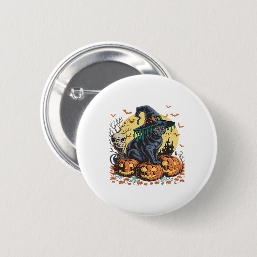 Black Cat Hexe Beängstigend Halloween Pumpkin Over Button (Vorne & Hinten)