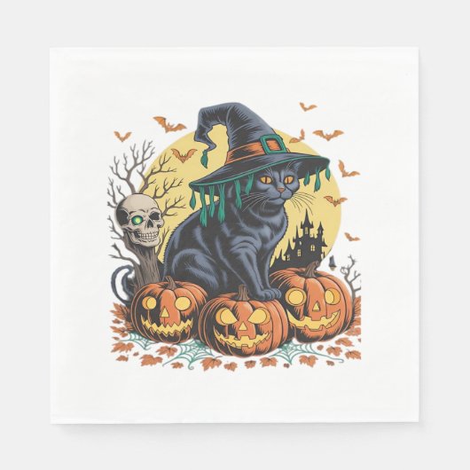 Black Cat Hexe Beängstigend Halloween Pumpkin Over Serviette (Vorderseite)