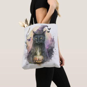 Black Cat Hexe hat Vollmond Weißes Halloween Tasche