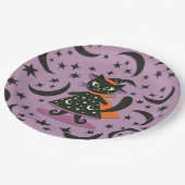 Black Cat Hexe Lila Moon Stars Halloween-Party Pappteller (Schrägansicht)