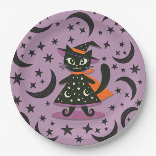 Black Cat Hexe Lila Moon Stars Halloween-Party Pappteller (Vorderseite)