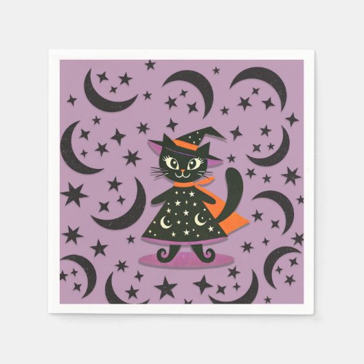 Black Cat Hexe Lila Moon Stars Halloween-Party Serviette (Vorderseite)