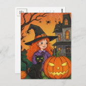 Black Cat Hexenspinnen Pumpkin Halloween Postcard Postkarte (Vorne/Hinten)