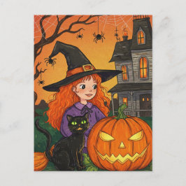 Black Cat Hexenspinnen Pumpkin Halloween Postcard Postkarte
