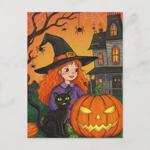 Black Cat Hexenspinnen Pumpkin Halloween Postcard Postkarte