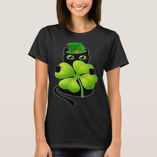 Black Cat Holding C Shamrock St Patricks Day 2023 T-Shirt (Vorderseite)