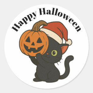 Black Cat Holding Pumpkin Halloween Runder Aufkleber