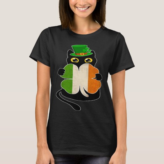 Black Cat Holding Shamrock Irish Flag St Patricks T-Shirt (Vorderseite)