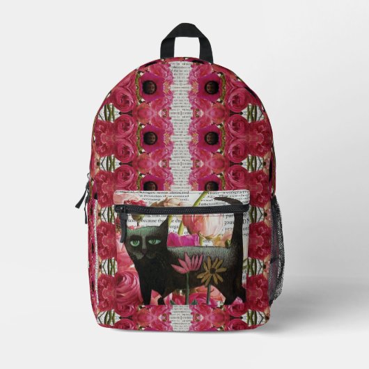 Black Cat Hot Pink Psychedelische botanische Blume Bedruckter Rucksack (Vorderseite)