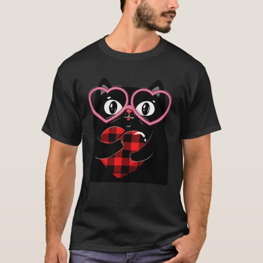 Black Cat Hugging Red Hearts Plaid buffalo Valenti T-Shirt (Vorderseite)