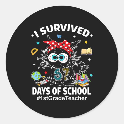 Black Cat I Survived 67 Days Of School 1st Grade T Runder Aufkleber (Vorderseite)