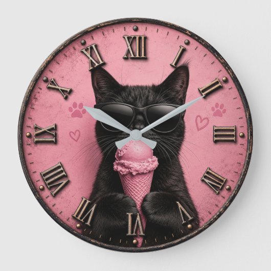 Black Cat Ice Cream Große Wanduhr (Vorderseite)