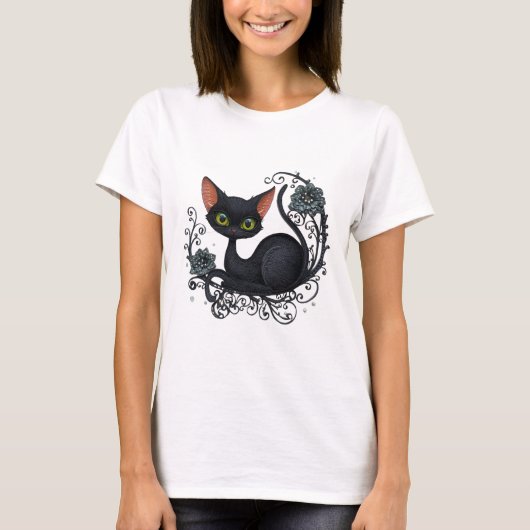Black Cat in a Flower Cradle T-Shirt (Vorderseite)