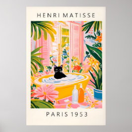 Black Cat in Bathtub Print Matisse Style Bathroom Poster