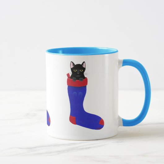 Black Cat in Blue Christmas Strumpf Tasse (Rechts)