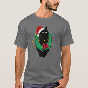 Black Cat In Christmas Lights Weihnachtsmannmütze T-Shirt