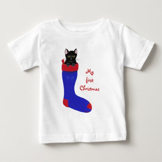 Black Cat in Christmas Strumpf Erster Weihnachtsfe Baby T-shirt (Vorderseite)