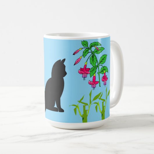 Black Cat in Contemporary Plant Design Mug Kaffeetasse (VorderseiteRechts)