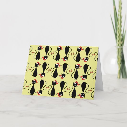 Black Cat in einem Weihnachtshut Feiertagskarte (Vorderseite)