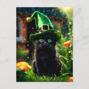 Black Cat in Green St. Patrick's Day Hexenhut Postkarte