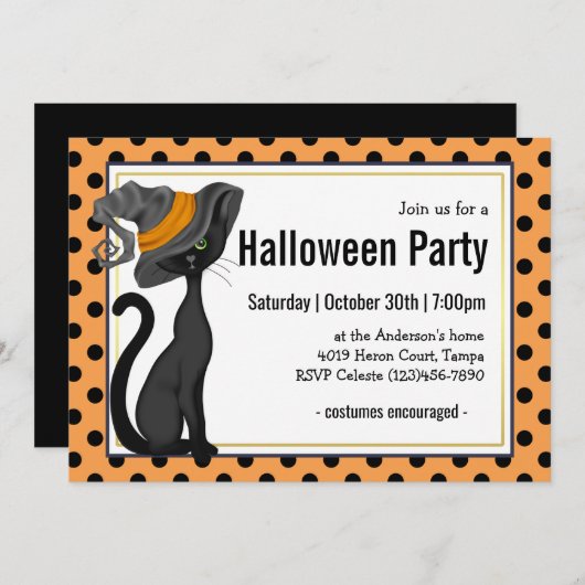Black Cat in Hexenhut-Halloween-Party Einladung (Vorne/Hinten)
