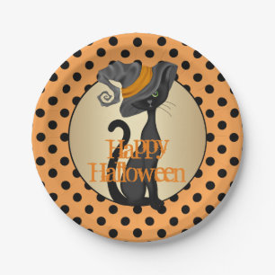 Black Cat in Hexenhut-Halloween-Party Pappteller