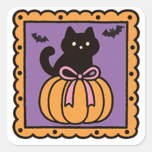 Black Cat in Pumpkin - Niedliches Halloween-Design Quadratischer Aufkleber