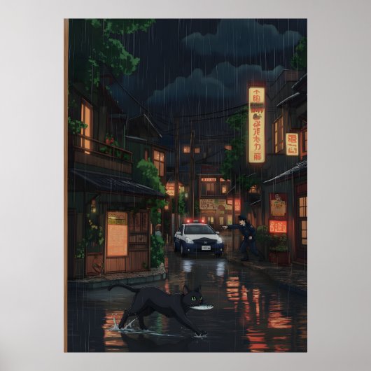Black Cat in Rainy Neon Japanese Street Anime Art Poster (Vorne)