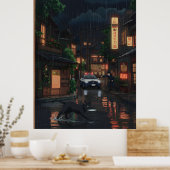 Black Cat in Rainy Neon Japanese Street Anime Art Poster (Küche)