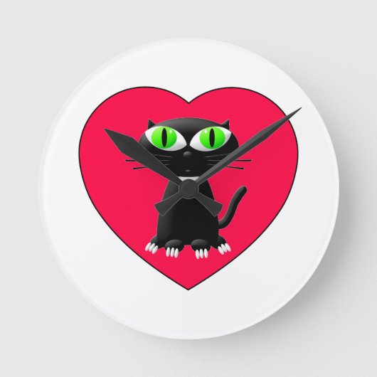 Black Cat In Red Heart Runde Wanduhr (Vorderseite)