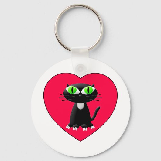 Black Cat In Red Heart Schlüsselanhänger (Vorderseite)