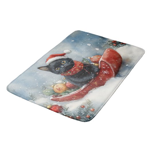 Black Cat in Sledge Let it Snow Christmas Badematte (Schrägansicht)