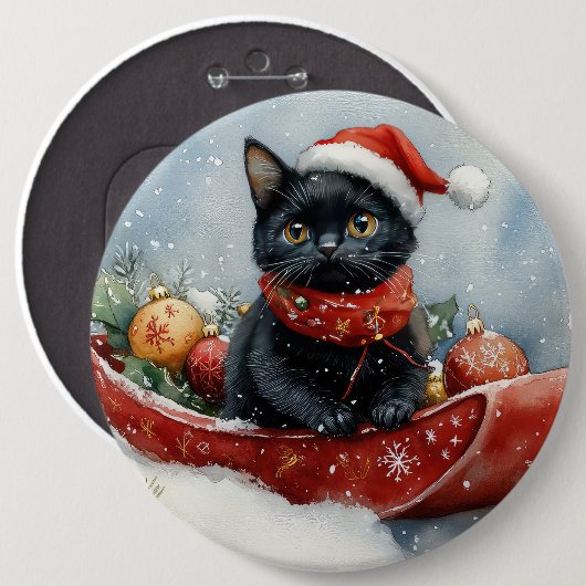 Black Cat in Sledge Let it Snow Christmas Button (Vorne & Hinten)